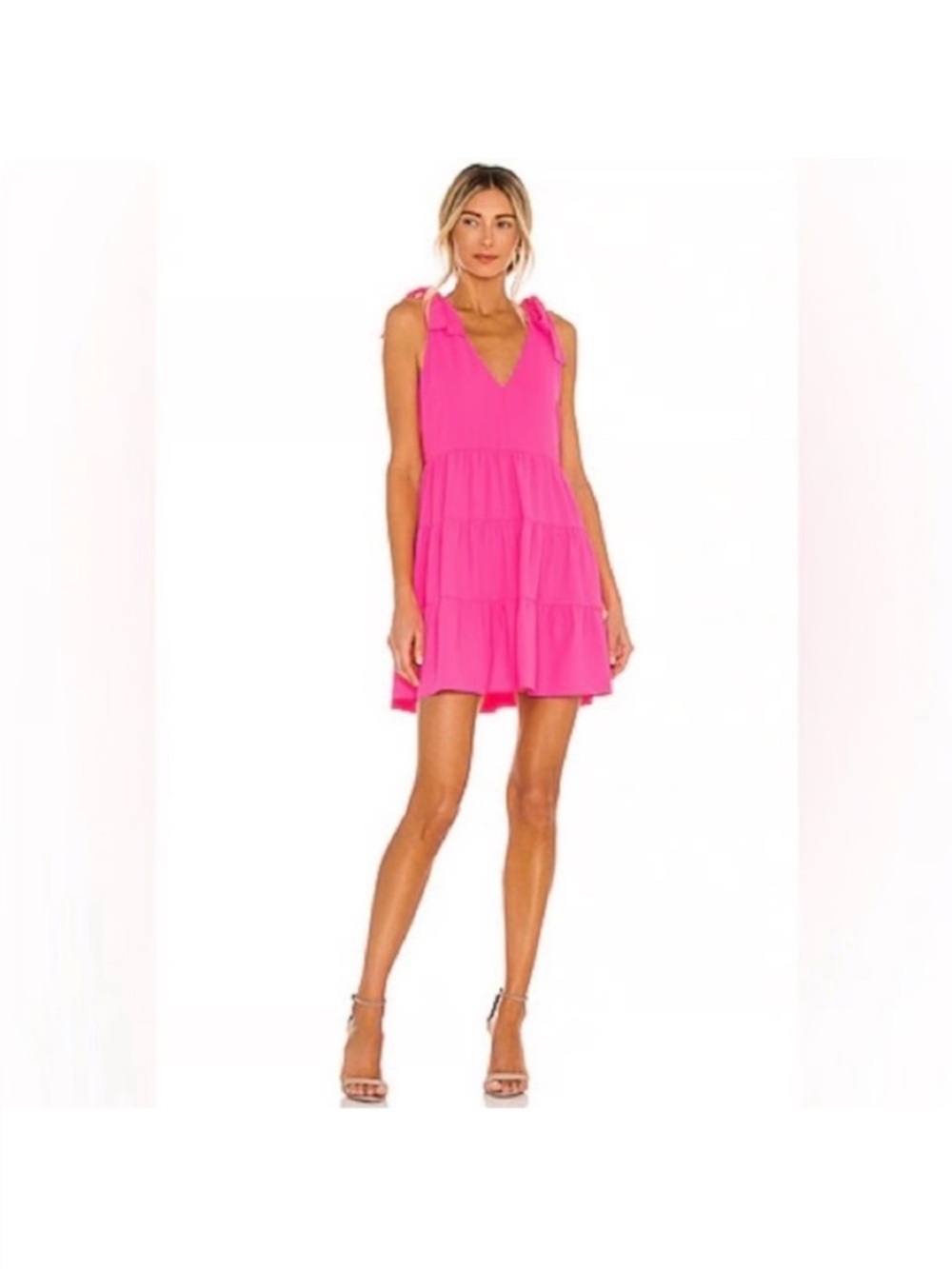 Amanda Uprichard Pink Tie-Shoulder Tiered Mini Dress with pockets. M